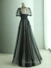 A-Line Black Puff Sleeves Tulle Long Evening Prom Dress, Black Evening Dress