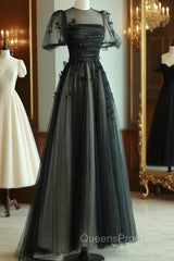 A-Line Black Puff Sleeves Tulle Long Evening Prom Dress, Black Evening Dress