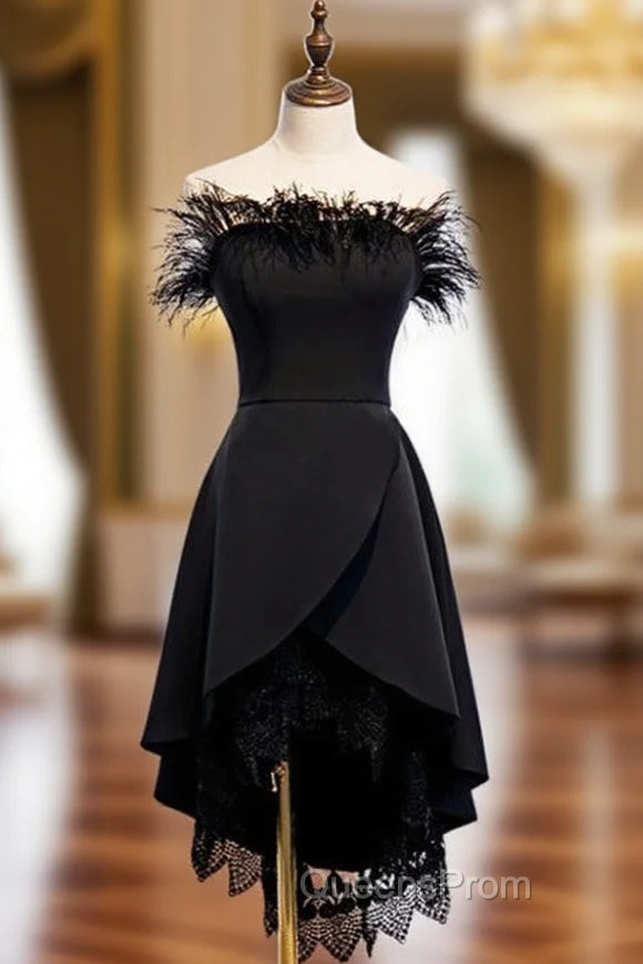 A-Line Black Satin  Lace Of the Shoulder Evening Prom Dress Main image