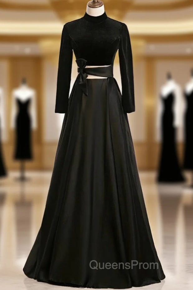 A-Line Black Satin High Neck Long Sleeve Evening Prom Dress Main image
