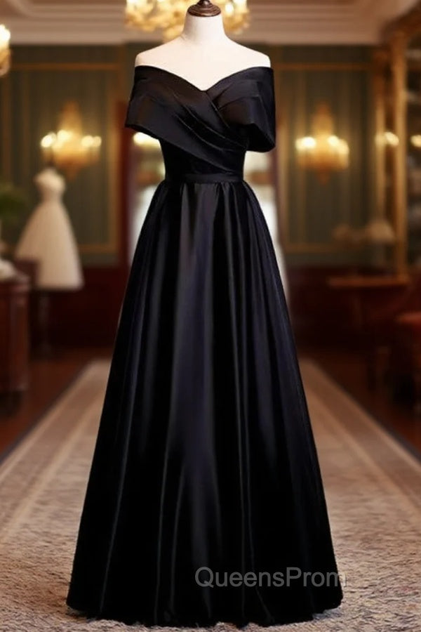 A-Line Black Satin Off the Shoulder Pleats Evening Prom Dress Main image