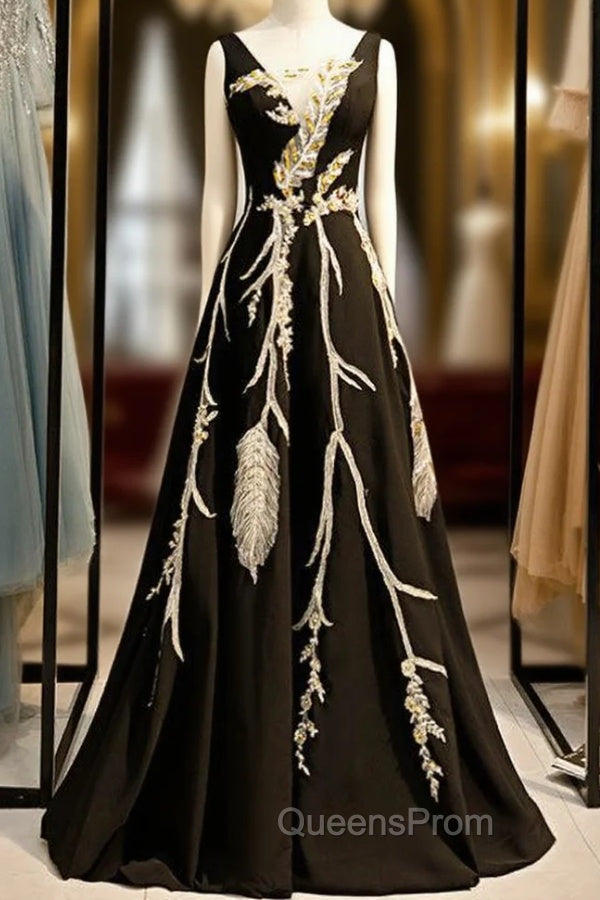 A-Line Black Satin See Through V-neck Appliques Evening Prom Dress