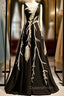 A-Line Black Satin See Through V-neck Appliques Evening Prom Dress