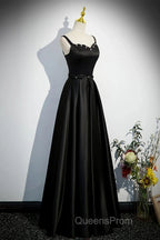 A-line Black Satin Straps Long Evening Dress, Black Simple Evening Prom Dress