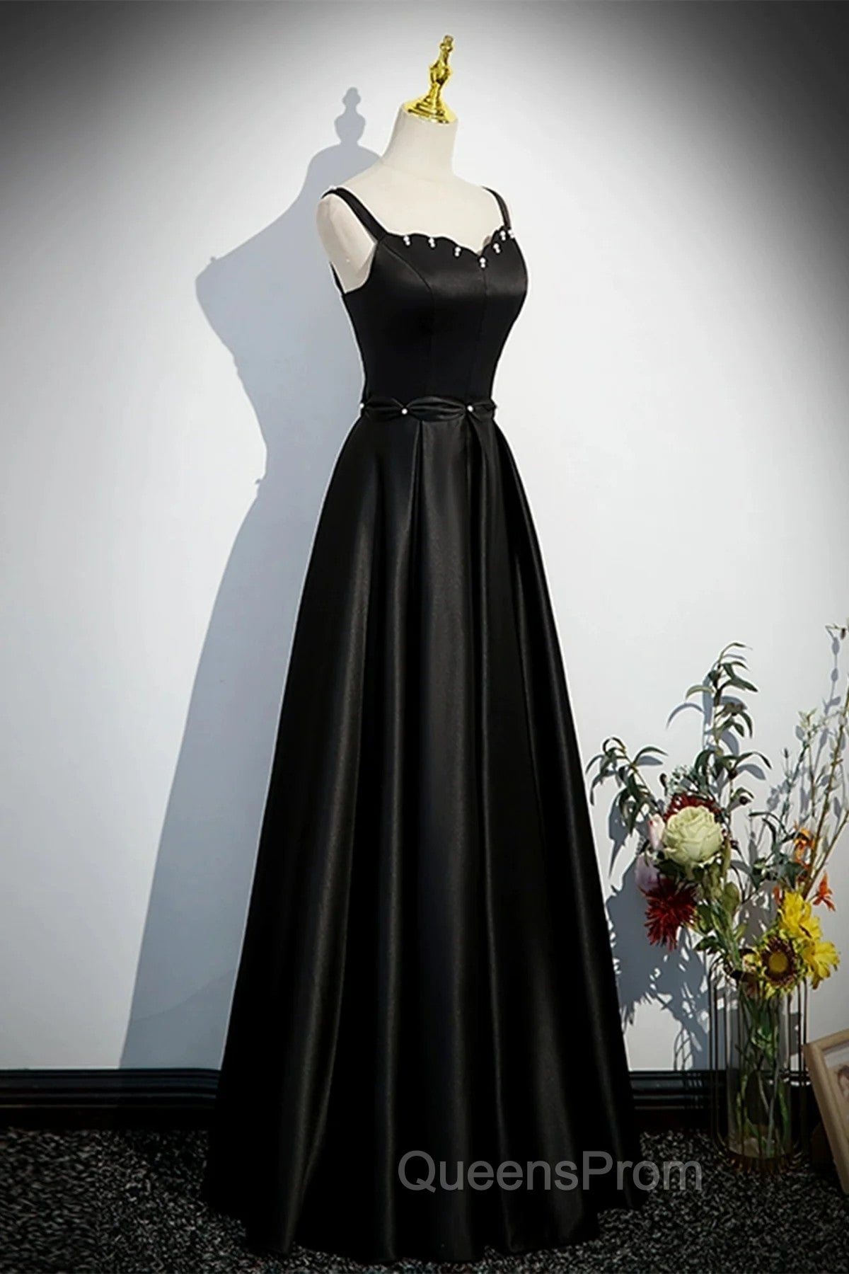 A-line Black Satin Straps Long Evening Dress, Black Simple Evening Prom Dress