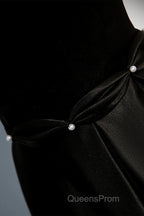 A-line Black Satin Straps Long Evening Dress, Black Simple Evening Prom Dress