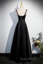 A-line Black Satin Straps Long Evening Dress, Black Simple Evening Prom Dress