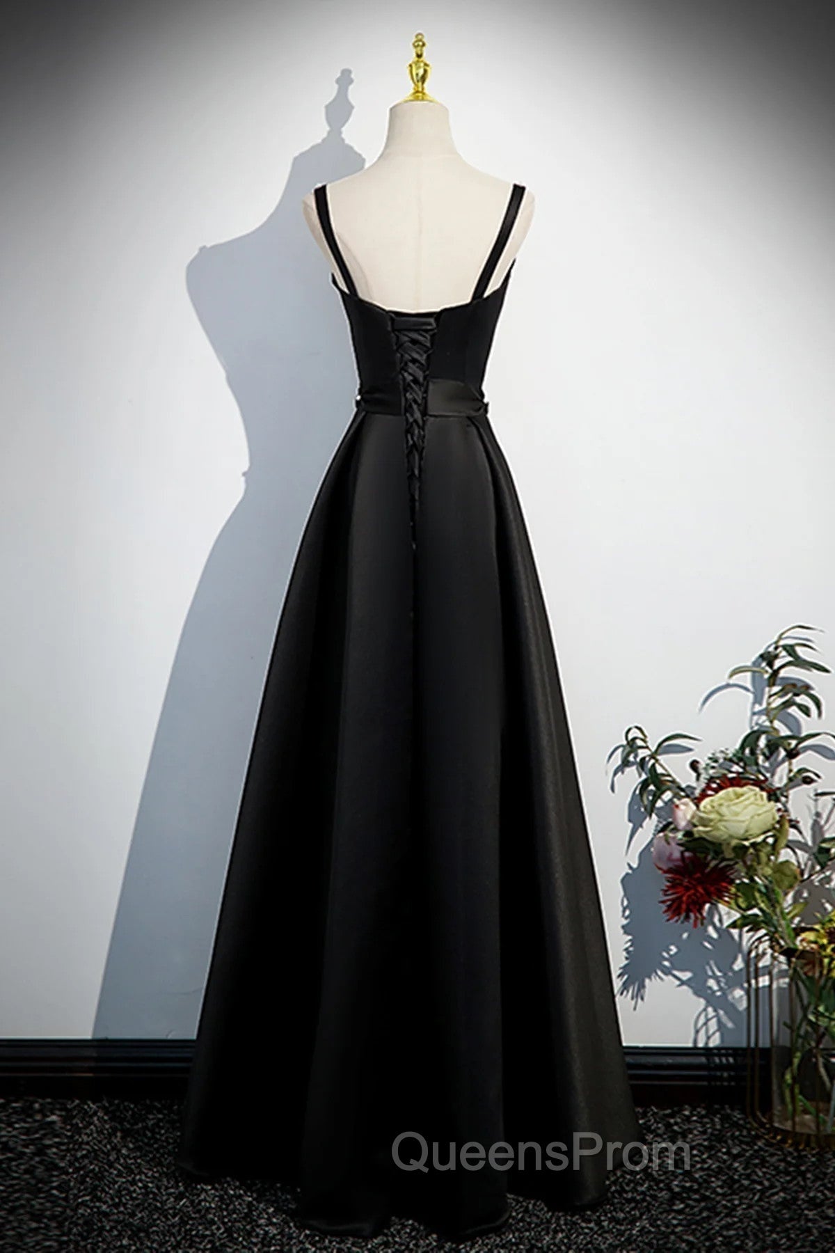 A-line Black Satin Straps Long Evening Dress, Black Simple Evening Prom Dress