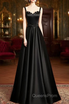 A-line Black Satin Straps Long Evening Dress, Black Simple Evening Prom Dress