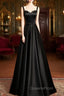 A-line Black Satin Straps Long Evening Dress, Black Simple Evening Prom Dress