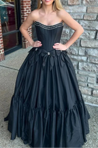 A-Line Black Scoop Neck Satin Long Classy Prom Dress With Bow Knots