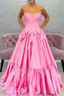 A-Line Black Scoop Neck Satin Long Classy Prom Dress With Bow Knots