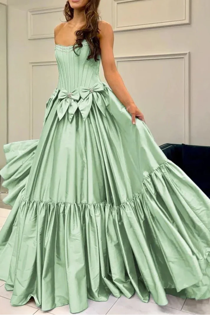 A-Line Black Scoop Neck Satin Long Classy Prom Dress With Bow Knots