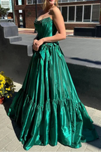 A-Line Black Scoop Neck Satin Long Classy Prom Dress With Bow Knots