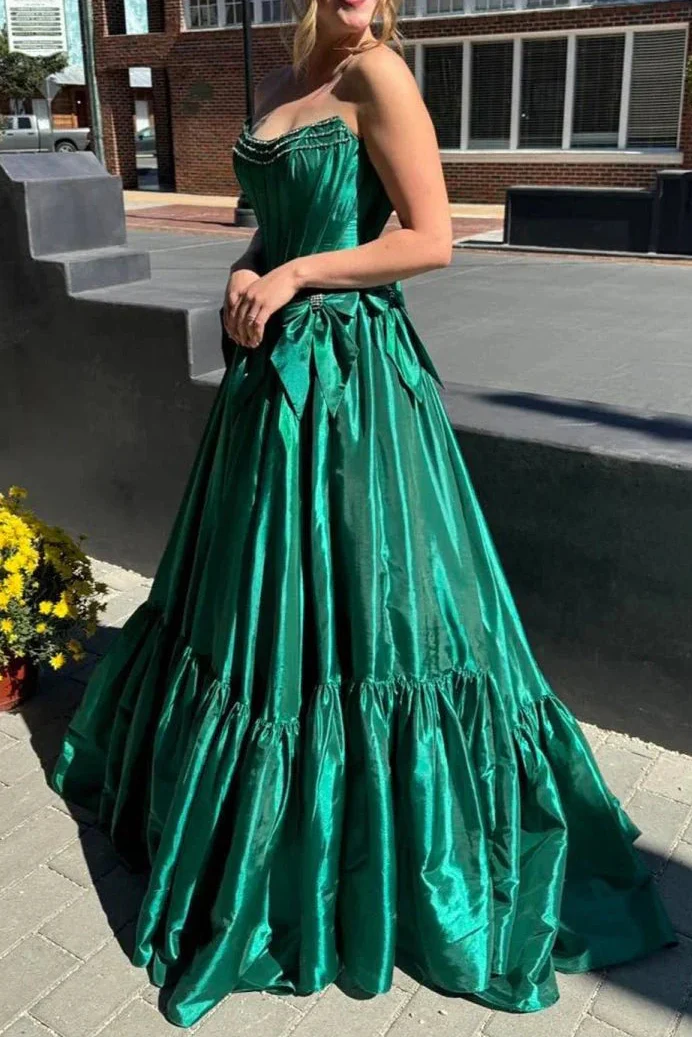 A-Line Black Scoop Neck Satin Long Classy Prom Dress With Bow Knots