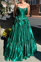 A-Line Black Scoop Neck Satin Long Classy Prom Dress With Bow Knots