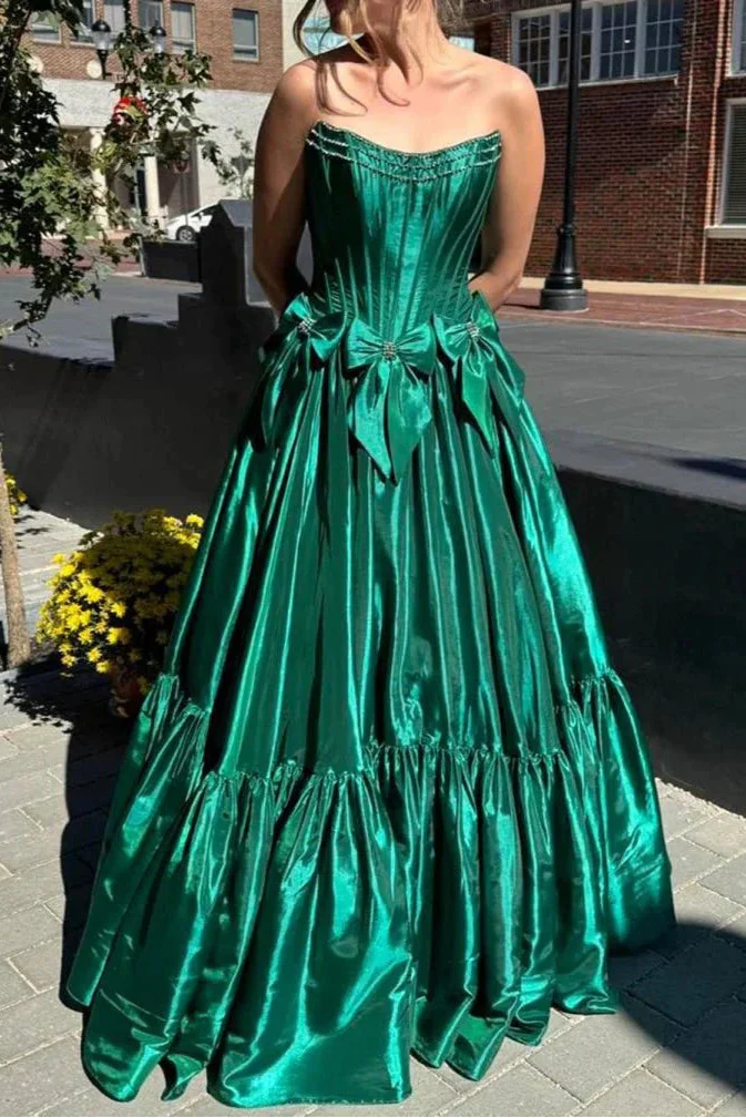 A-Line Black Scoop Neck Satin Long Classy Prom Dress With Bow Knots