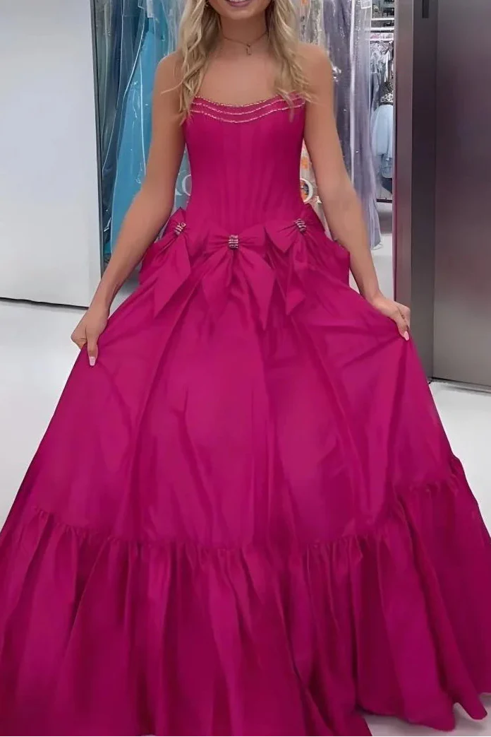 A-Line Black Scoop Neck Satin Long Classy Prom Dress With Bow Knots