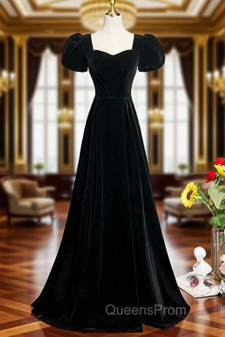 A-line Black Short Sleeves Velvet Long Party Dress, Black Simple Bridesmaid Dress Main image