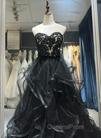 A-line Black Sweetheart Tulle Layers Long Party Dress, Black Tulle Evening Prom Dress