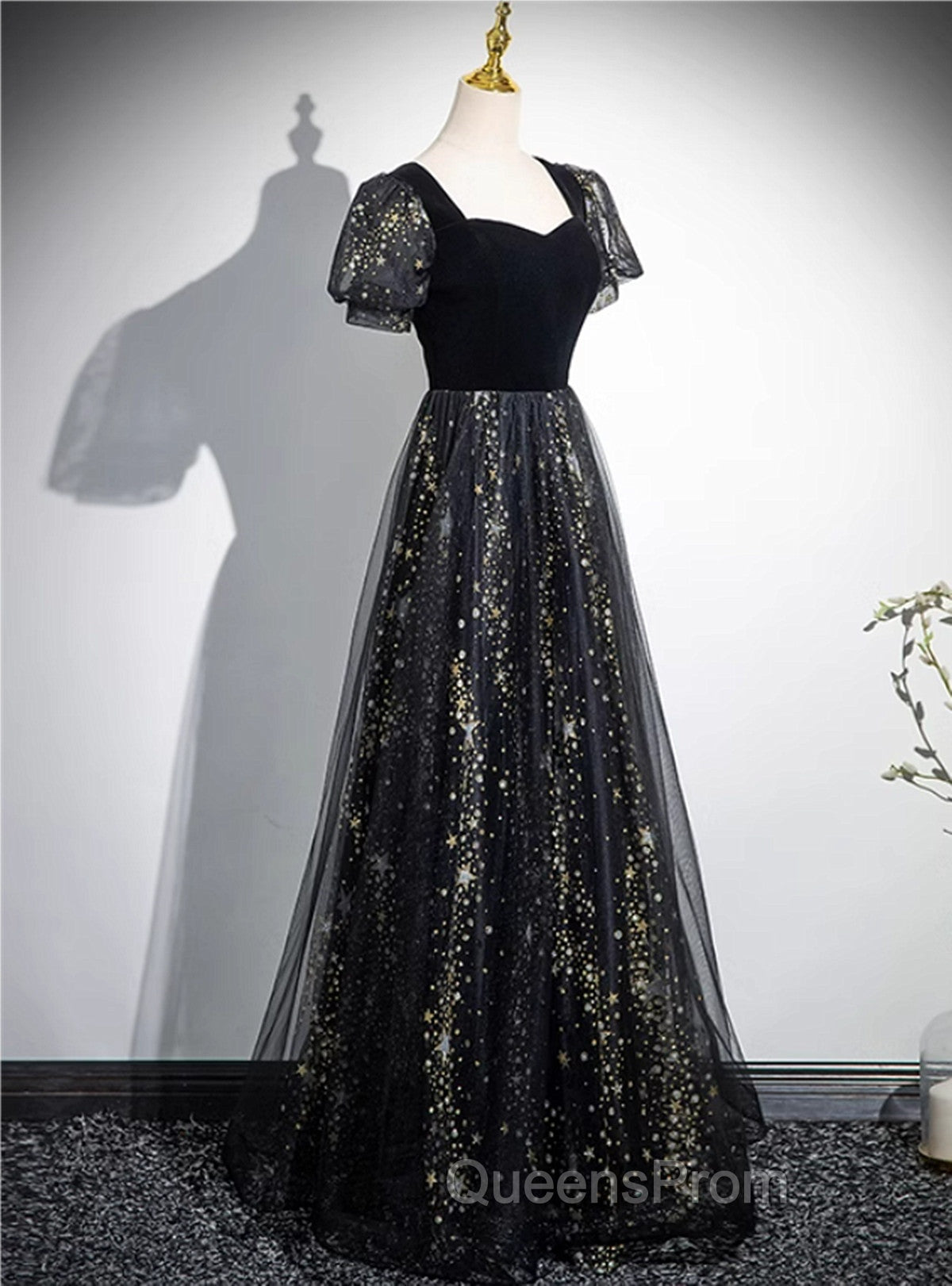 A-line Black Tulle and Velvet Long Party Dress, Black Evening Prom Dress Secondary image