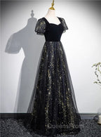 A-line Black Tulle and Velvet Long Party Dress, Black Evening Prom Dress