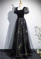 A-line Black Tulle and Velvet Long Party Dress, Black Evening Prom Dress