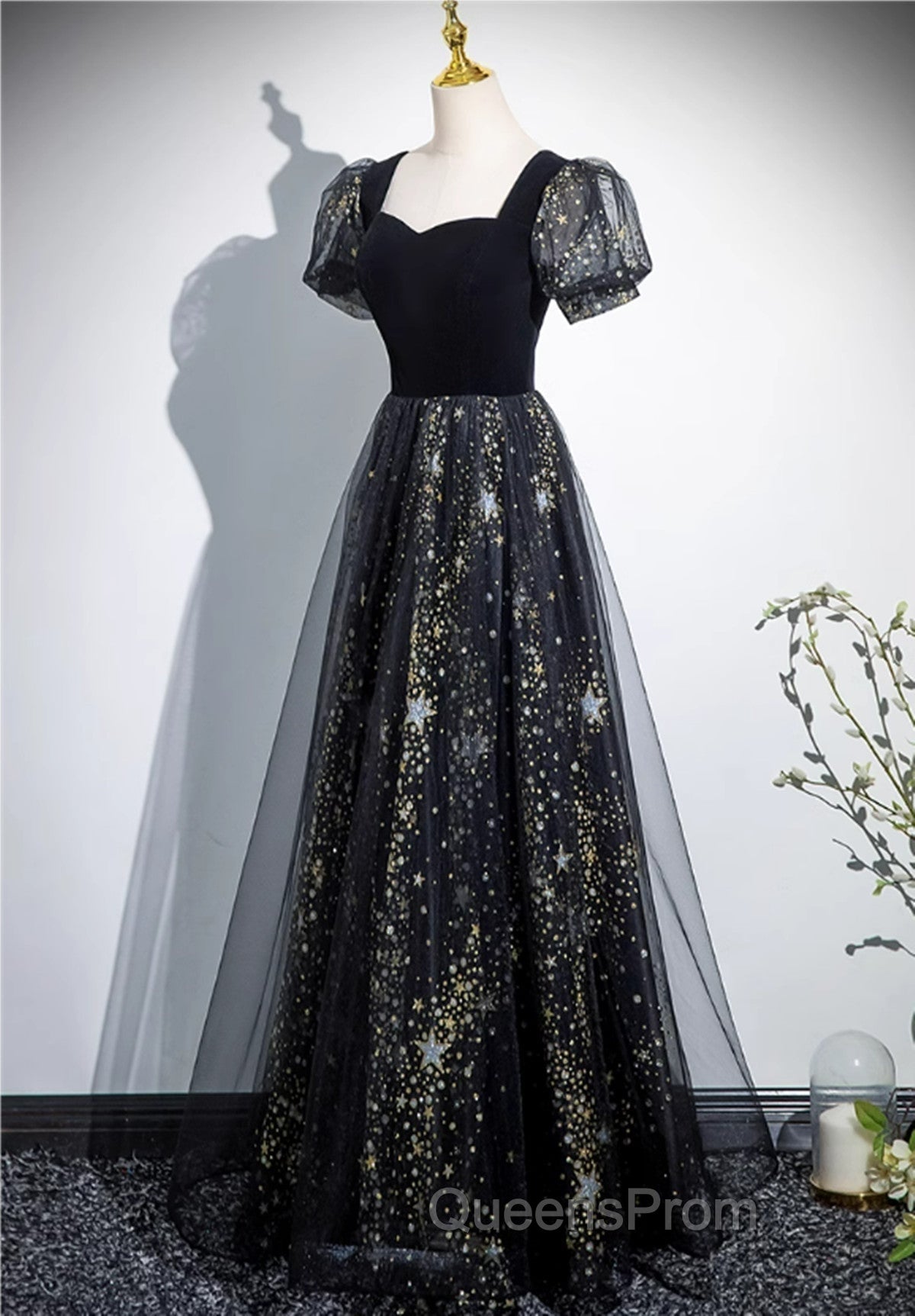 A-line Black Tulle and Velvet Long Party Dress, Black Evening Prom Dress