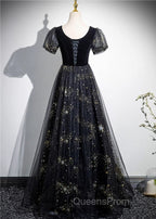 A-line Black Tulle and Velvet Long Party Dress, Black Evening Prom Dress