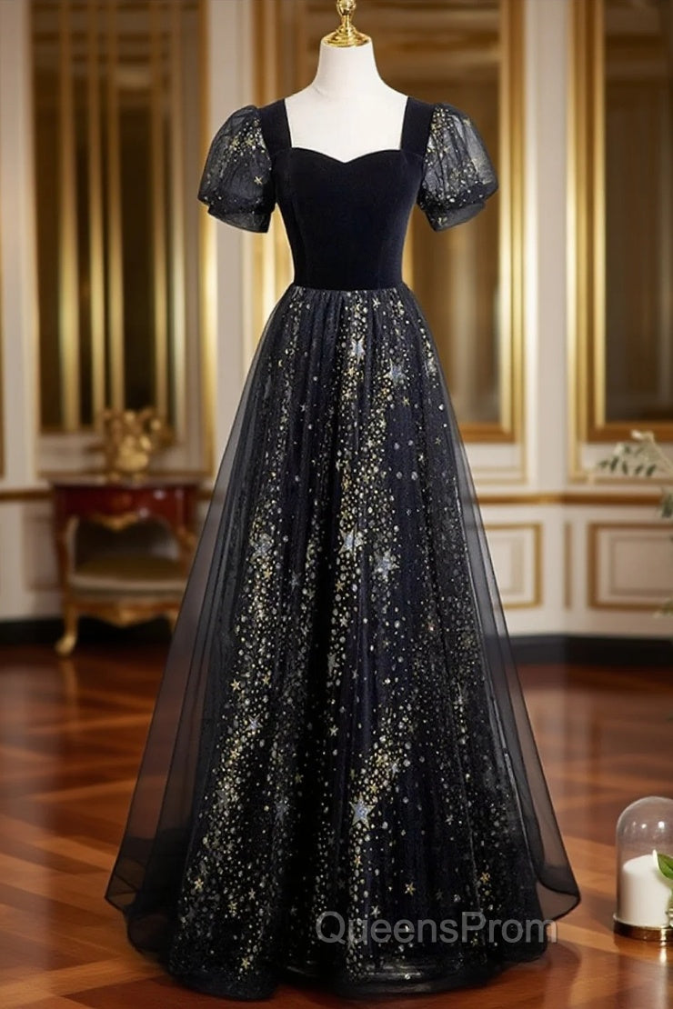 A-line Black Tulle and Velvet Long Party Dress, Black Evening Prom Dress Main image