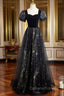 A-line Black Tulle and Velvet Long Party Dress, Black Evening Prom Dress