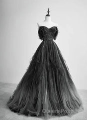 A-Line Black Tulle Ballgown Long Party Dress Beadings Evening Dress Evening Prom Dress