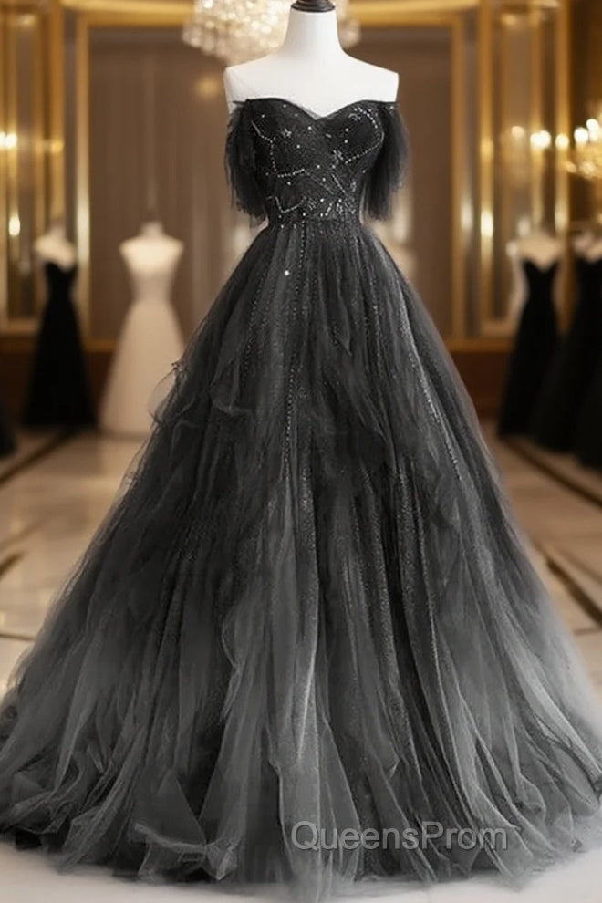 A-Line Black Tulle Ballgown Long Party Dress Beadings Evening Dress Evening Prom Dress Main image