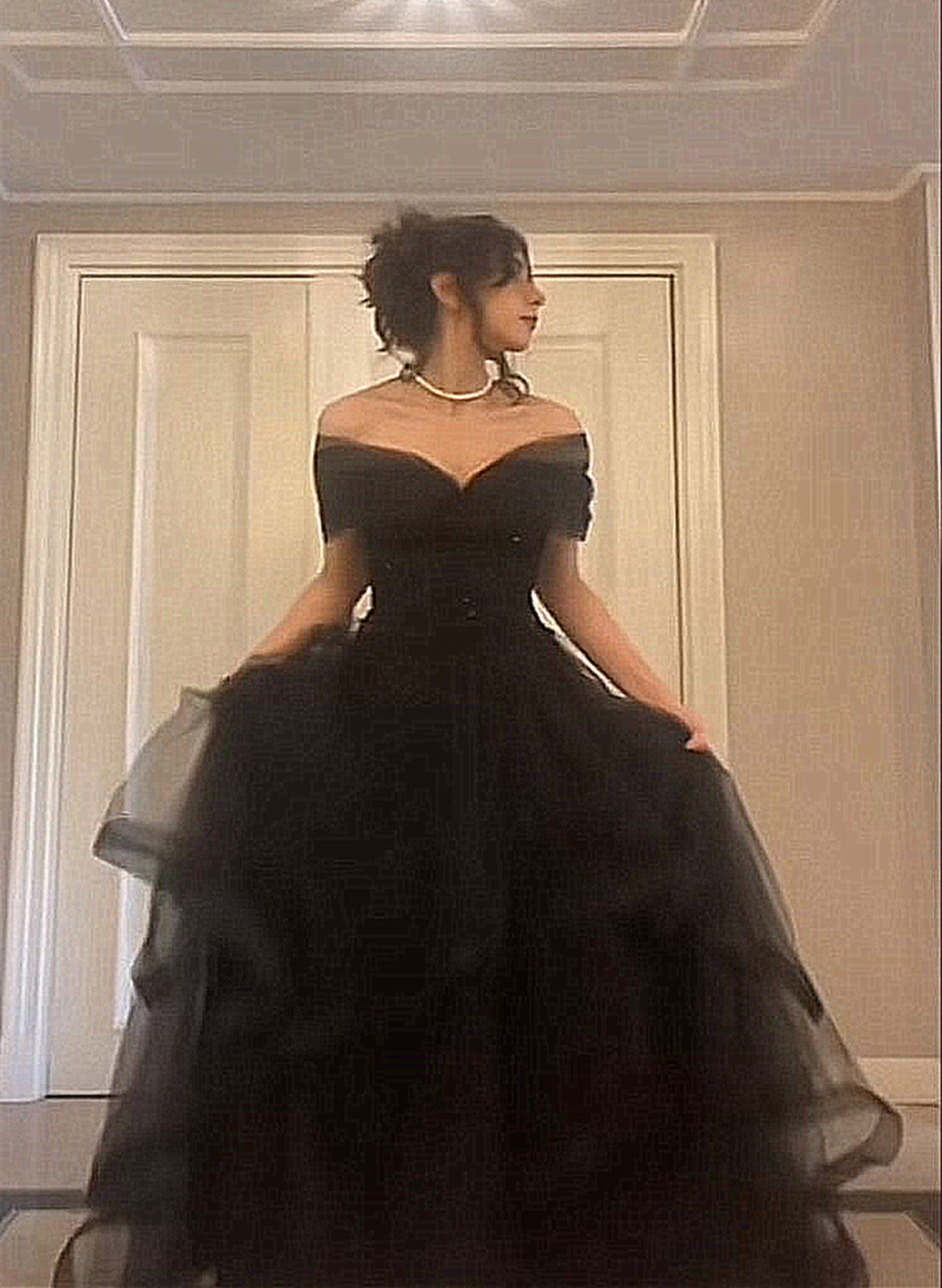 A-Line Black Tulle Chic Sweetheart Long Party Dress, Black Off Shoulder Classy Prom Dress Main image