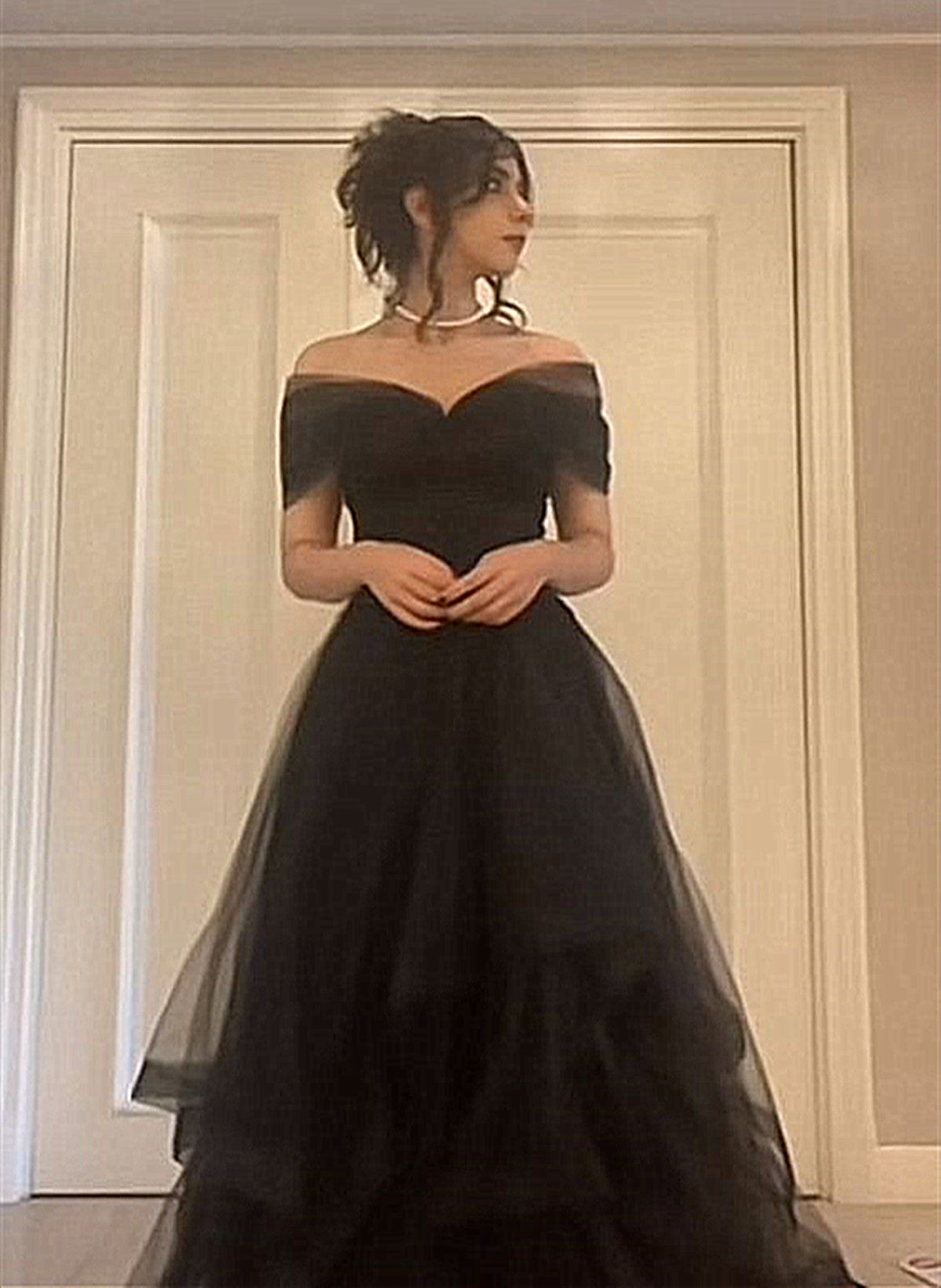 A-Line Black Tulle Chic Sweetheart Long Party Dress, Black Off Shoulder Classy Prom Dress