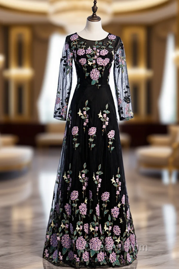 A-Line Black Tulle Embroidery Long Sleeve Evening Prom Dress Main image