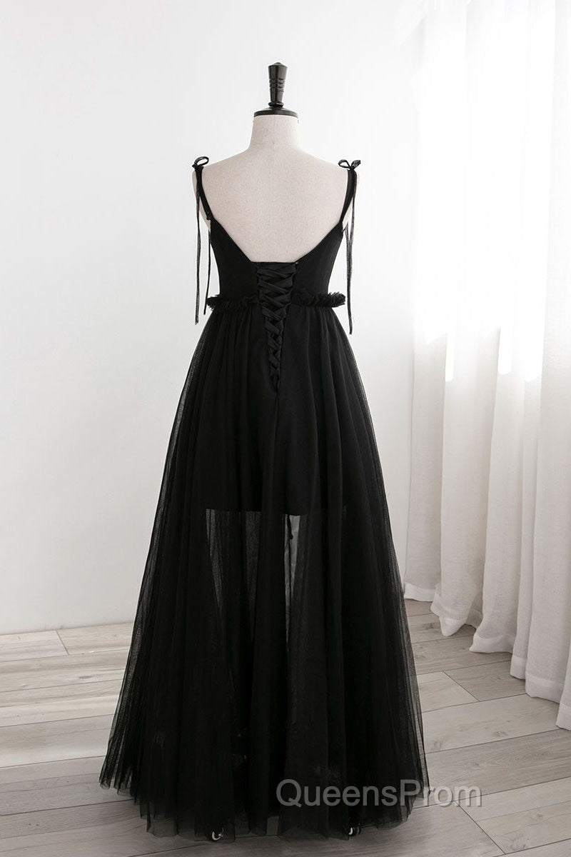 A-Line Black Tulle Long Evening Prom Dress, Black Formal Evening Dress