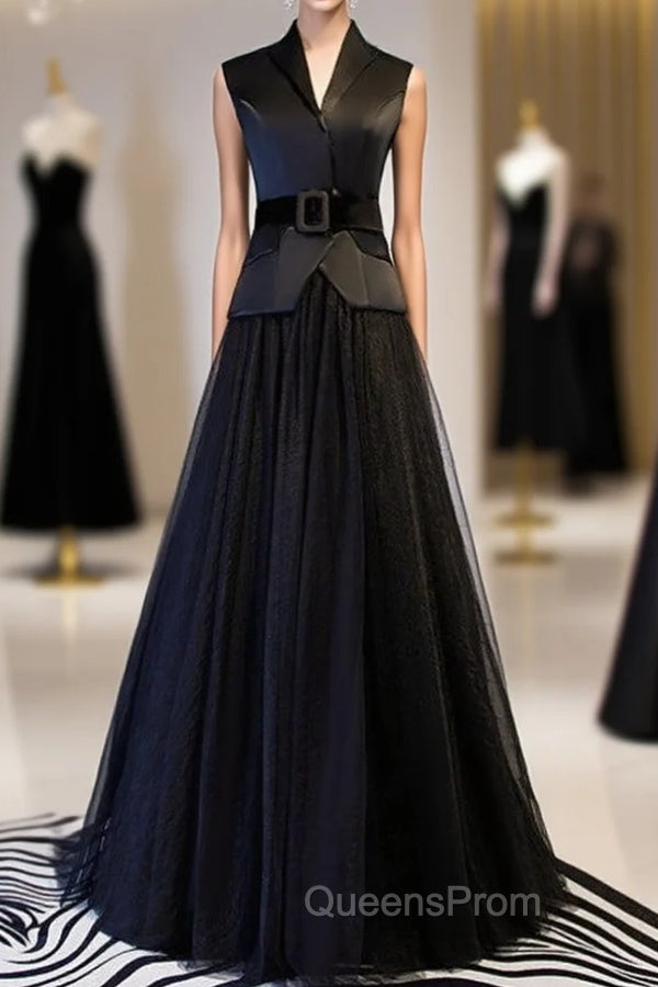 A-Line Black Tulle Satin V-neck Evening Prom Dress With Sash Main image
