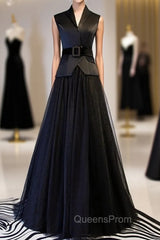 A-Line Black Tulle Satin V-neck Evening Prom Dress With Sash