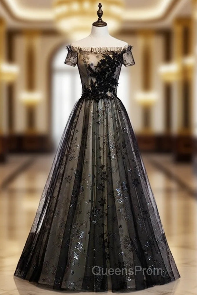 A-Line Black Tulle Sequins Off the Shoulder Long Evening Prom Dress