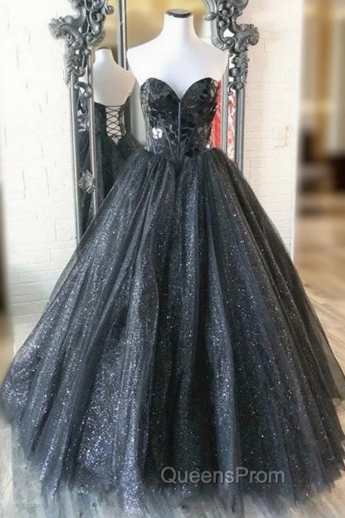 A-Line Black Tulle Sequins Strapless Evening Prom Dress