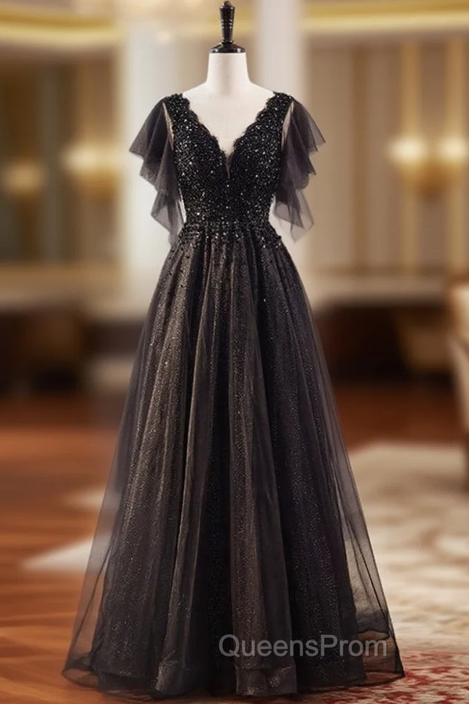 A-Line Black Tulle Sequins V-neck Beading Evening Prom Dress Main image