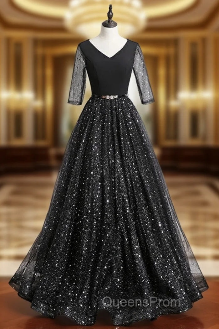 A-Line Black Tulle Sequins V-neck Short Sleeve Evening Prom Dress