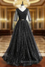 A-Line Black Tulle Sequins V-neck Short Sleeve Evening Prom Dress