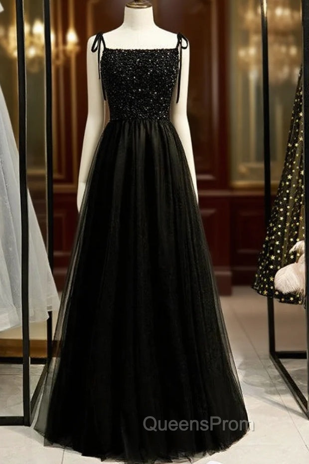 A-Line Black Tulle Spaghetti Straps Tulle Beading Evening Prom Dress Main image