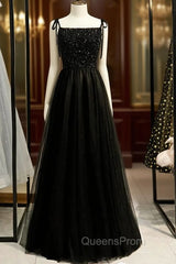 A-Line Black Tulle Spaghetti Straps Tulle Beading Evening Prom Dress