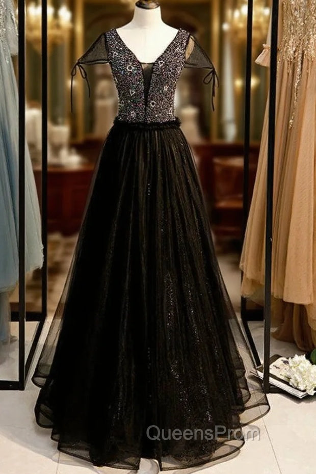 A-Line Black Tulle V-neck Cap Sleeve Beading Evening Prom Dress Main image