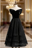 A-Line Black Tulle Velvet Off the Shoulder Tea Length Evening Prom Dress