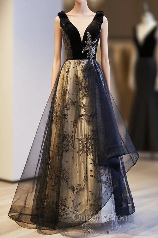A-Line Black Tulle Velvet Sequins Evening Prom Dress Main image