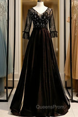 A-Line Black V-neck 3/4 Sleeve Crystal Evening Prom Dress